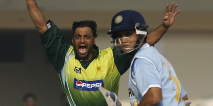 Sourav Ganguly and Shoaib Akhtar during a match, showcasing their cricket rivalry.