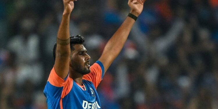 Indian cricketer Harshit Rana in action during a match.